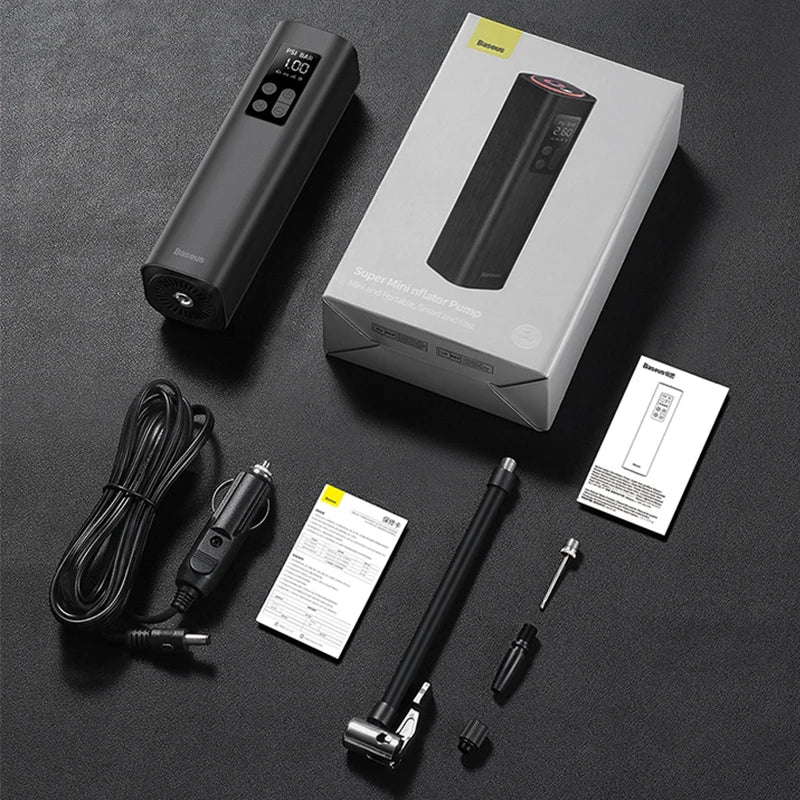 Baseus Mini Car Air Compressor – 12V Portable Tire Inflator | 150 PSI Smart Digital Pump for Car, Bicycle, Boat & Sports