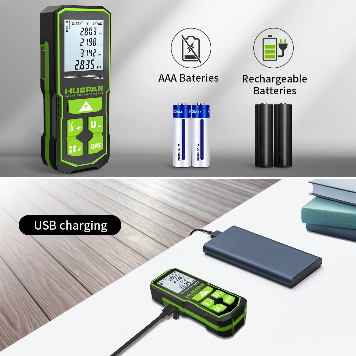 Huepar Digital Laser Distance Meter – Green Beam Rangefinder | 60M / 100M / 120M Laser Tape Measure